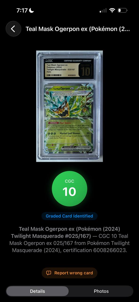SlabReady identifying a CGC 10 Teal Mask Ogerpon ex from Pokemon Twilight Masquerade