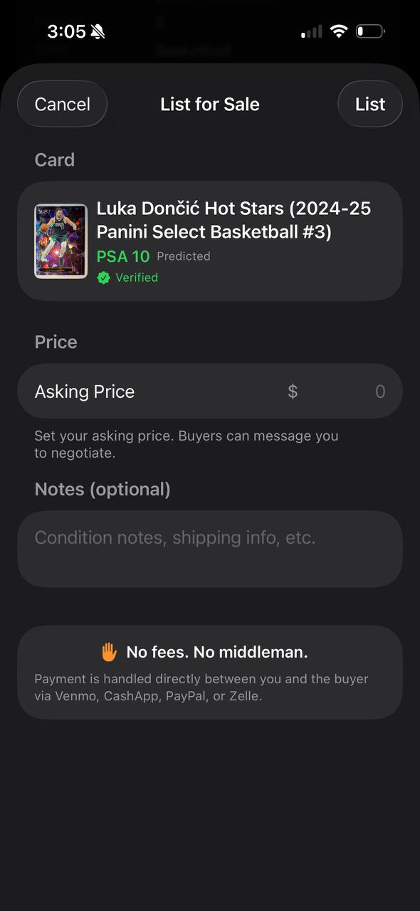 List for Sale screen — one tap listing with no fees, no middleman