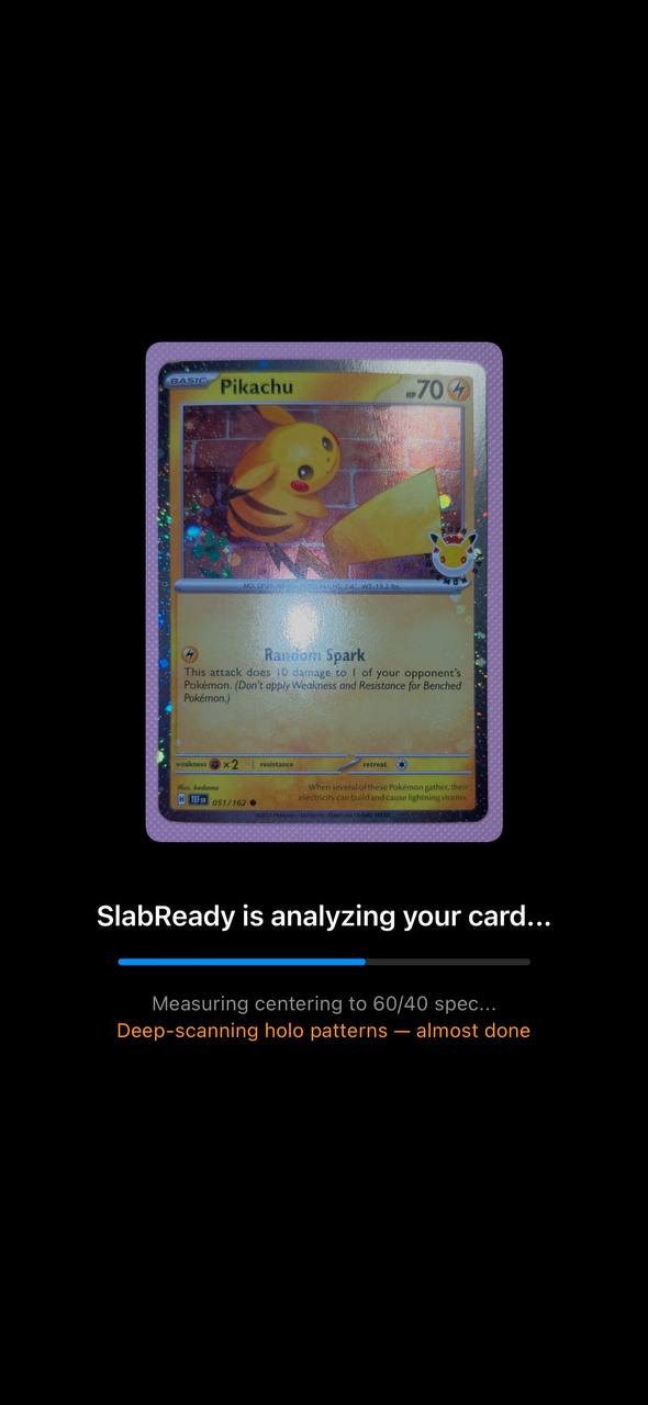 Pikachu Pokémon card being analyzed by SlabReady AI scanner