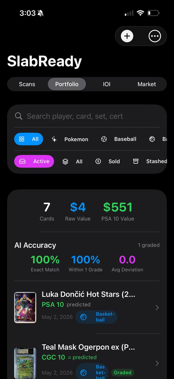 Portfolio dashboard showing cards, values, and AI accuracy stats