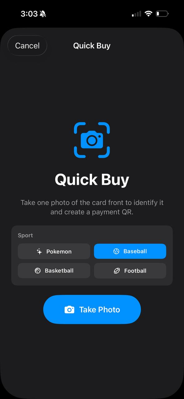 Quick Buy screen showing sport selector — Pokémon, Baseball, Basketball, Football